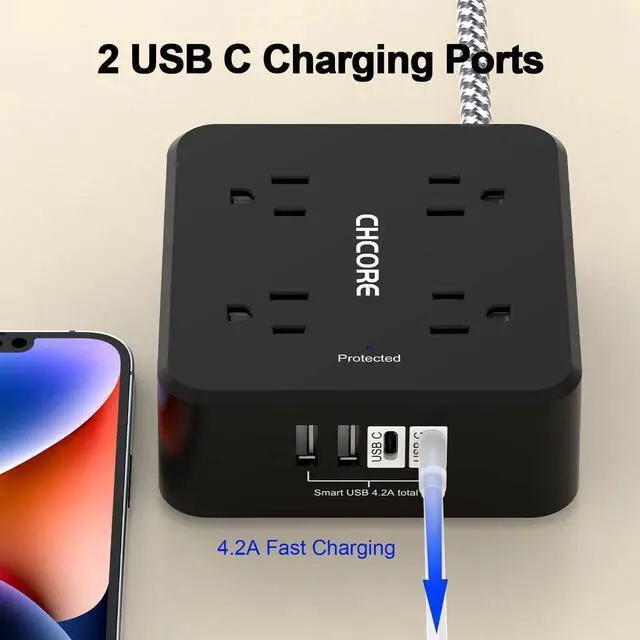 Alt view image 11 of 14 - Surge Protector Power Strip - CHCORE 6Ft Braided Extension Cord with 8 Outlets with 4 USB (2 USB C) Charging Ports, Flat Plug Multi Plug Outlet Extender Charging Station for Home Office, ETL, Black
