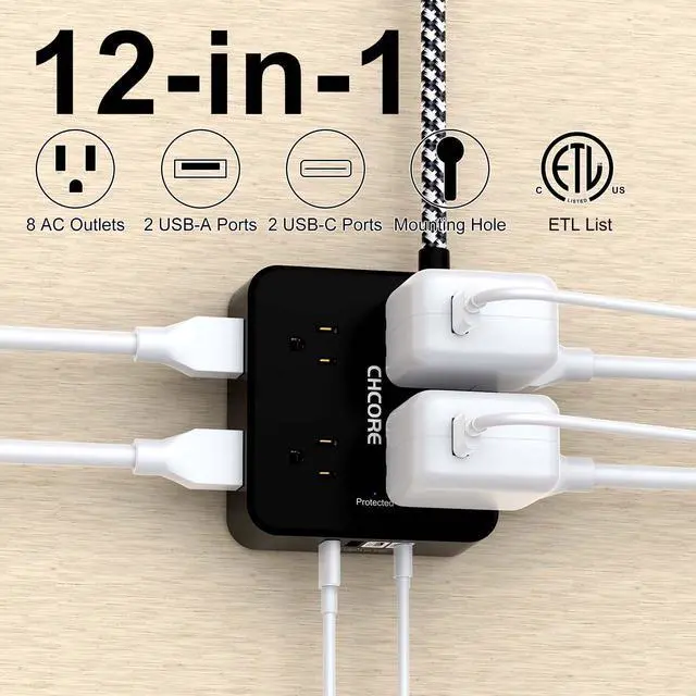 Alt view image 9 of 14 - Surge Protector Power Strip - CHCORE 6Ft Braided Extension Cord with 8 Outlets with 4 USB (2 USB C) Charging Ports, Flat Plug Multi Plug Outlet Extender Charging Station for Home Office, ETL, Black