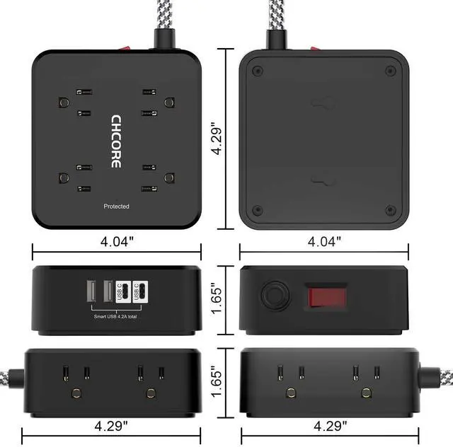 Alt view image 14 of 14 - Surge Protector Power Strip - CHCORE 6Ft Braided Extension Cord with 8 Outlets with 4 USB (2 USB C) Charging Ports, Flat Plug Multi Plug Outlet Extender Charging Station for Home Office, ETL, Black