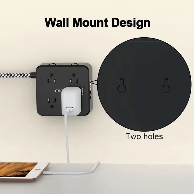 Alt view image 12 of 14 - Surge Protector Power Strip - CHCORE 6Ft Braided Extension Cord with 8 Outlets with 4 USB (2 USB C) Charging Ports, Flat Plug Multi Plug Outlet Extender Charging Station for Home Office, ETL, Black