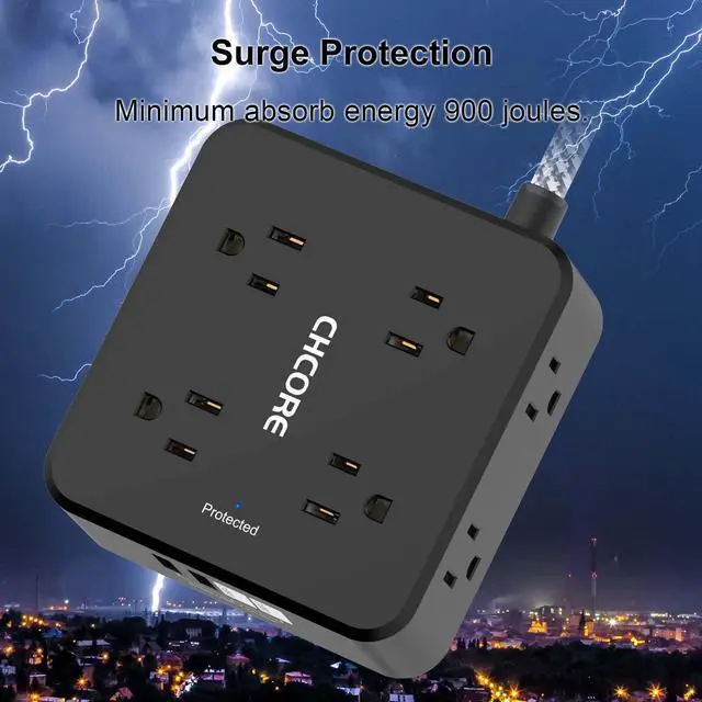 Alt view image 13 of 14 - Surge Protector Power Strip - CHCORE 6Ft Braided Extension Cord with 8 Outlets with 4 USB (2 USB C) Charging Ports, Flat Plug Multi Plug Outlet Extender Charging Station for Home Office, ETL, Black