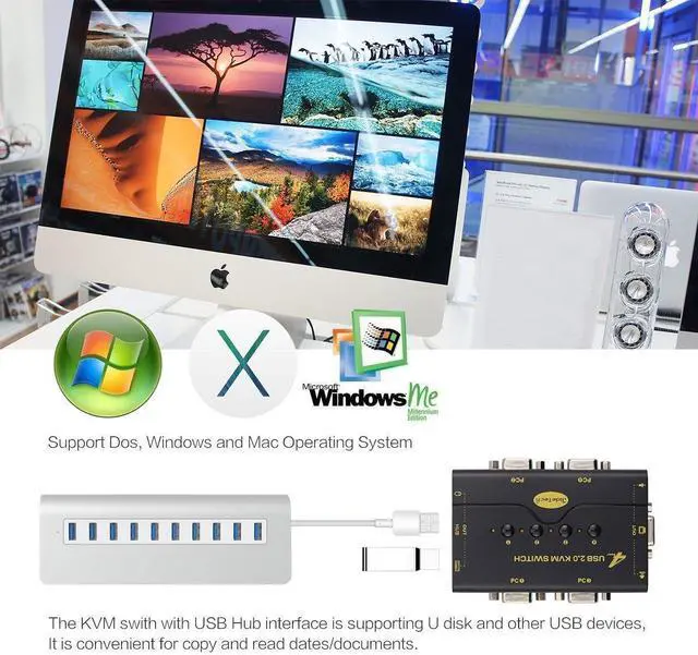 Alt view image 14 of 14 - 4 Port VGA KVM Switch with USB Hub and Audio Support Wireless Keyboard Mouse Connection and Push Button Switching Function