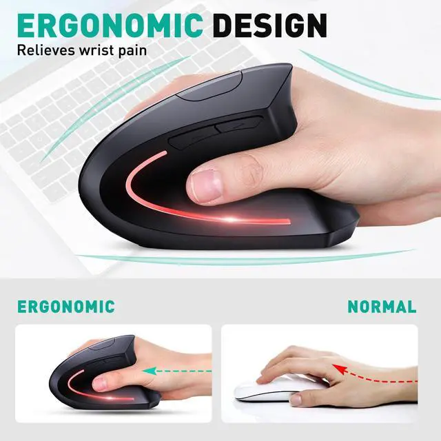 Alt view image 10 of 14 - Bluetooth and 2.4G (2-in-1) Rechargeable Wireless Mouse, Ergonomic Vertical Design, 1000/1200/1600 DPI, 6 Silent Buttons, for Laptop, Computer, PC, MacBook, Chromebook-Black