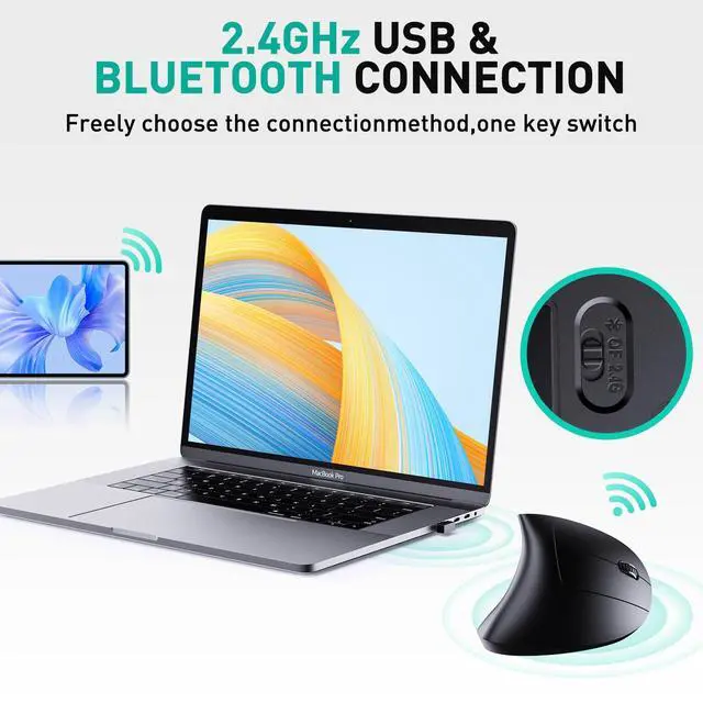 Alt view image 9 of 14 - Bluetooth and 2.4G (2-in-1) Rechargeable Wireless Mouse, Ergonomic Vertical Design, 1000/1200/1600 DPI, 6 Silent Buttons, for Laptop, Computer, PC, MacBook, Chromebook-Black