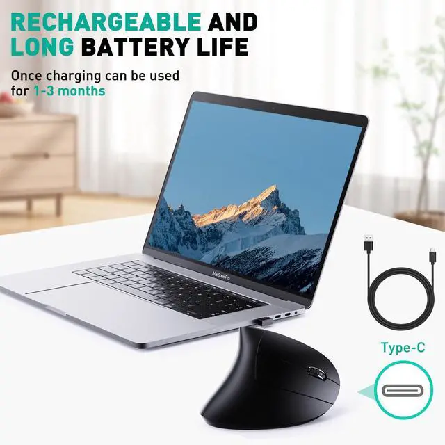 Alt view image 12 of 14 - Bluetooth and 2.4G (2-in-1) Rechargeable Wireless Mouse, Ergonomic Vertical Design, 1000/1200/1600 DPI, 6 Silent Buttons, for Laptop, Computer, PC, MacBook, Chromebook-Black