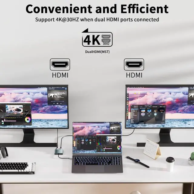 Alt view image 10 of 14 - USB C to Dual HDMI Adapter, 4K@60Hz Type-C to HDMI Splitter for Dual Monitors Extend Display for MacBook Pro/Air, Dell XPS 13/15/17, HP, Lenovo, Samsung Galaxy, Surface Type C Laptop