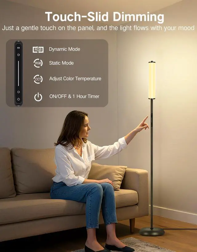 Alt view image 10 of 14 - Corner Floor Lamp with Remote, Touch & App Control, RGB Color Changing Standing Lamp with 32 Modes, 360 Lighting, 3 Color Temperatures, Dimmable 66 in Tall Lamp for Living Room Bedroom,Black