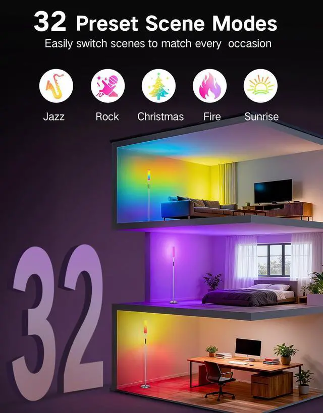 Alt view image 11 of 14 - Corner Floor Lamp with Remote, Touch & App Control, RGB Color Changing Standing Lamp with 32 Modes, 360 Lighting, 3 Color Temperatures, Dimmable 66 in Tall Lamp for Living Room Bedroom,Black
