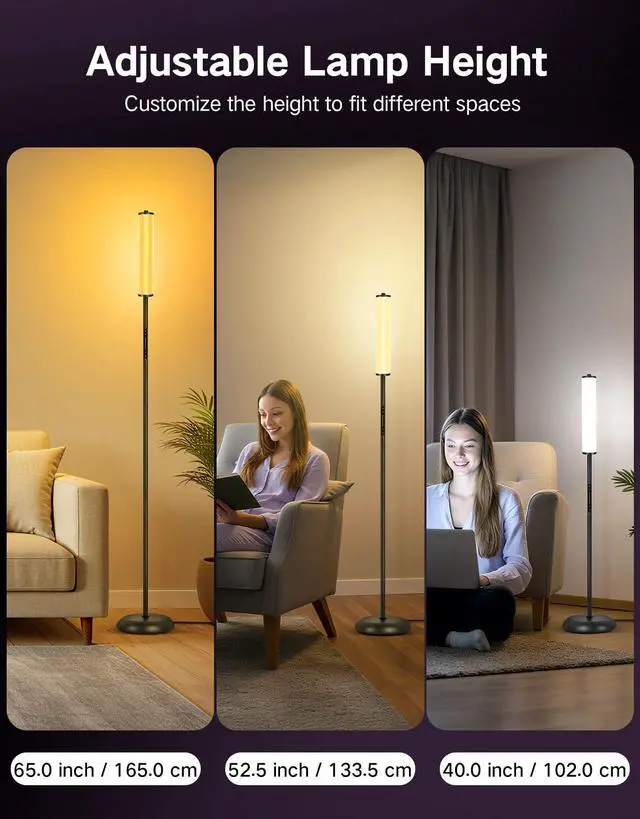 Alt view image 12 of 14 - Corner Floor Lamp with Remote, Touch & App Control, RGB Color Changing Standing Lamp with 32 Modes, 360 Lighting, 3 Color Temperatures, Dimmable 66 in Tall Lamp for Living Room Bedroom,Black