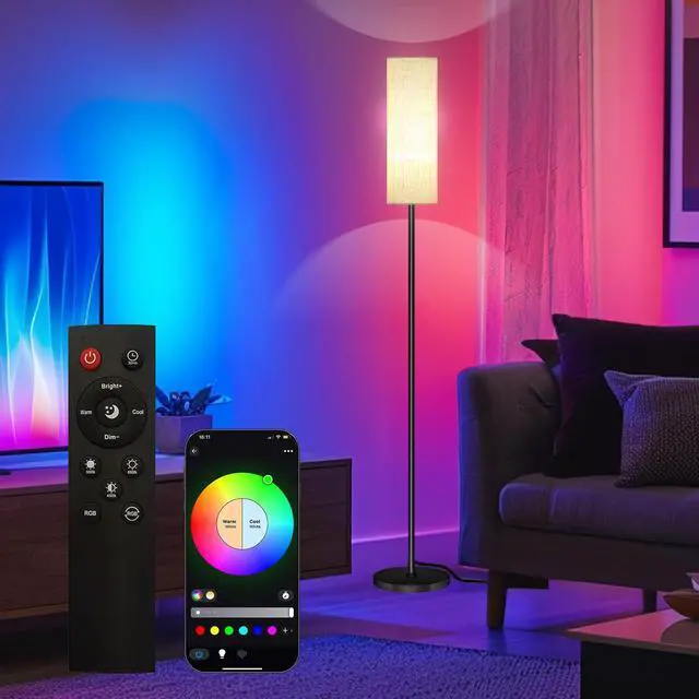 Alt view image 8 of 14 - Smart LED Floor Lamp with APP Control & RGB Colors - Dimmable Standing Lamp for Living Room, Bedroom, Gaming - Remote, Timer, 9W Bulb Included, 67" Modern Tall Lamp (C:Black Beige)