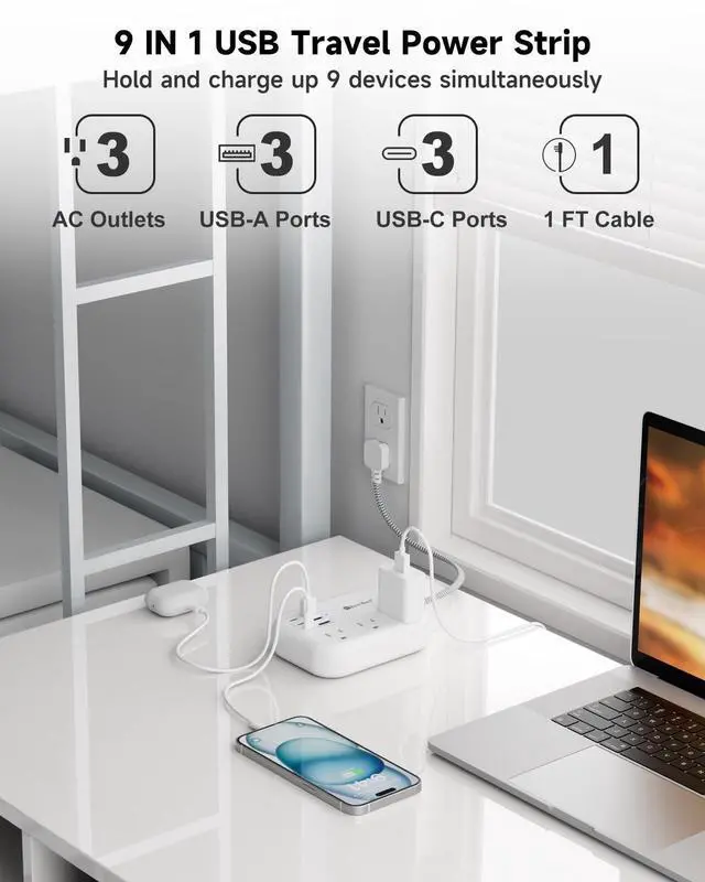 Alt view image 10 of 14 - Short Extension Cord 1 Ft- 6 USB(3 USB C) Travel Power Strip with 24W USB Charging Station and 3 Outlets, 1Ft Small Flat Plug Extension Cord Surge Protector for Travel Home College Dorm 1625W