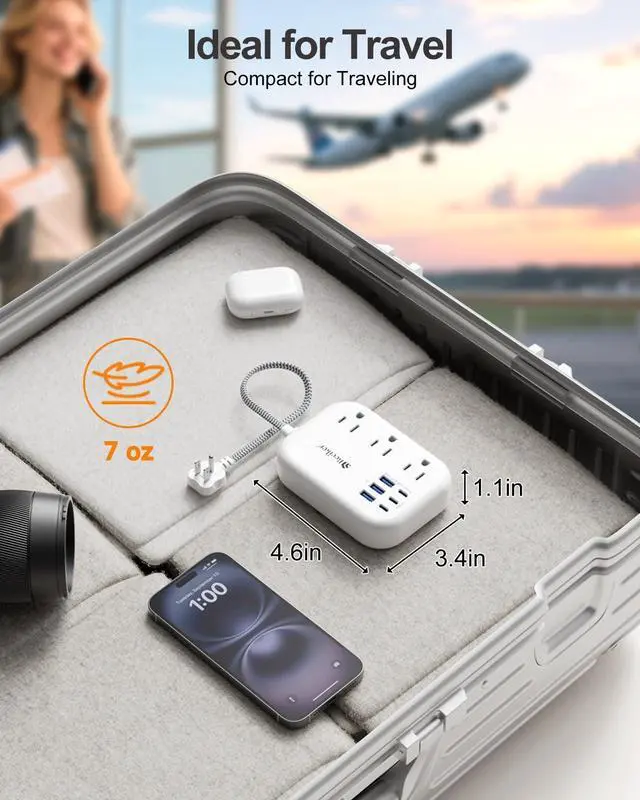 Alt view image 11 of 14 - Short Extension Cord 1 Ft- 6 USB(3 USB C) Travel Power Strip with 24W USB Charging Station and 3 Outlets, 1Ft Small Flat Plug Extension Cord Surge Protector for Travel Home College Dorm 1625W
