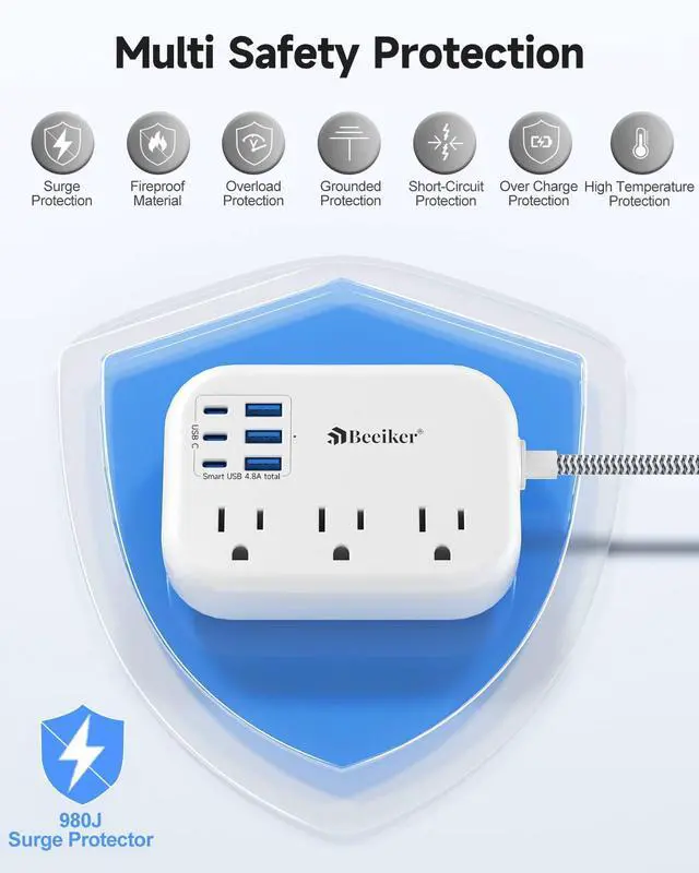 Alt view image 13 of 14 - Short Extension Cord 1 Ft- 6 USB(3 USB C) Travel Power Strip with 24W USB Charging Station and 3 Outlets, 1Ft Small Flat Plug Extension Cord Surge Protector for Travel Home College Dorm 1625W