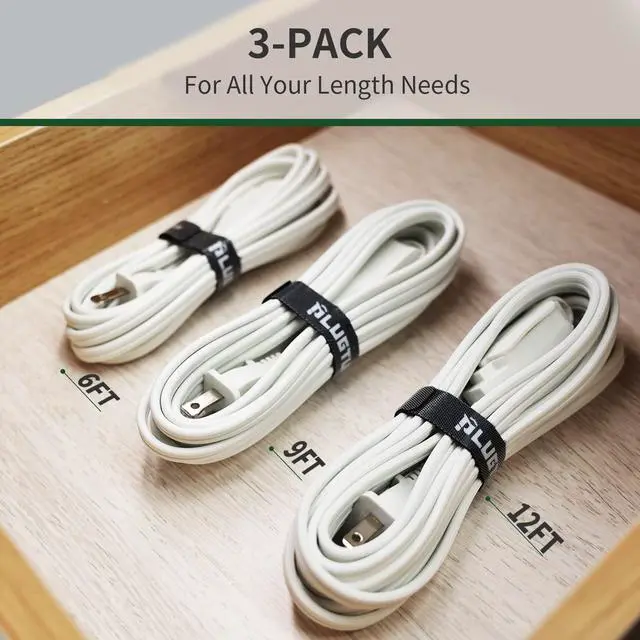 Alt view image 11 of 12 - 3-Pack Indoor Extension Cord (6/9/12FT), 2 Prong White Extension Cord, 3 Polarized Outlets with Safety Cap Protect for Home Office, 16/2 SPT-2 ETL Listed