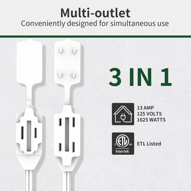 Alt view image 9 of 12 - 3-Pack Indoor Extension Cord (6/9/12FT), 2 Prong White Extension Cord, 3 Polarized Outlets with Safety Cap Protect for Home Office, 16/2 SPT-2 ETL Listed