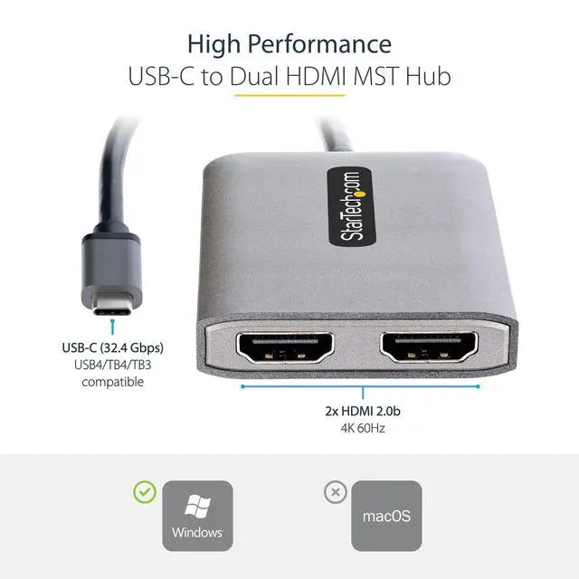 Alt view image 10 of 14 - USB-C to Dual HDMI Adapter, USB Type-C Multi-Monitor MST Hub, Dual 4K 60Hz HDMI Laptop Display Extender / Splitter, HDR, Extra-Long Built-In Cable, Windows Only (MST14CD122HD)