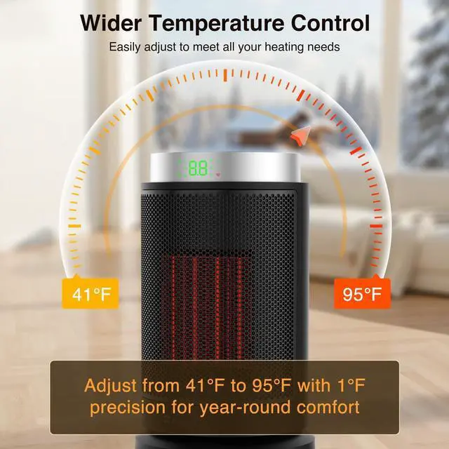 Alt view image 12 of 14 - Space Heater, Ultra Quiet Portable Electric Heaters for Indoor Use with Thermostat, 1500W Large PTC Ceramic Fast & Wide-Angle Heat, Digital Display, 8 Safety, 5 Modes, 24H Timer for Office Home