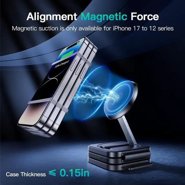 Alt view image 10 of 14 - 3 in 1 Charging Station for Apple Devices, Foldable Wireless Charging Station for iPhone 17/16/15/14/13/12, Apple Watch & AirPods with Magsafe Charger Stand, Travel Essentials Wireless Charger (Black)
