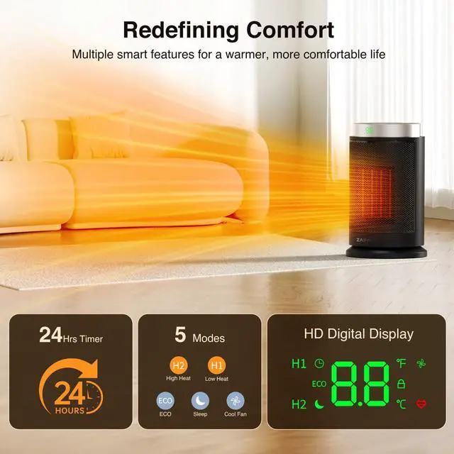 Alt view image 14 of 14 - Space Heater, Ultra Quiet Portable Electric Heaters for Indoor Use with Thermostat, 1500W Large PTC Ceramic Fast & Wide-Angle Heat, Digital Display, 8 Safety, 5 Modes, 24H Timer for Office Home