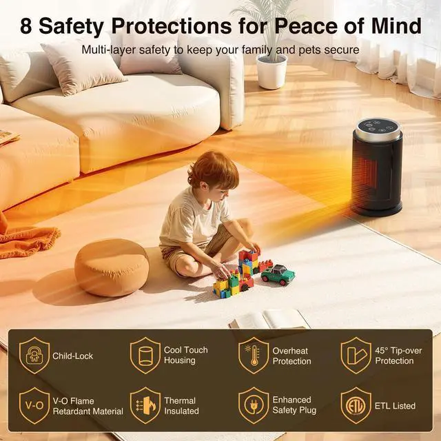 Alt view image 10 of 14 - Space Heater, Ultra Quiet Portable Electric Heaters for Indoor Use with Thermostat, 1500W Large PTC Ceramic Fast & Wide-Angle Heat, Digital Display, 8 Safety, 5 Modes, 24H Timer for Office Home