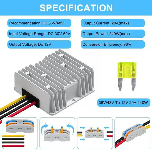 Alt view image 9 of 14 - 48V 36V to 12V Voltage Converter 240W 20A Regulator Step Down to 12V DC- DC Convert Reducer with Fuse Waterproof Power Supply Transformer Module for Golf Cart Scooters
