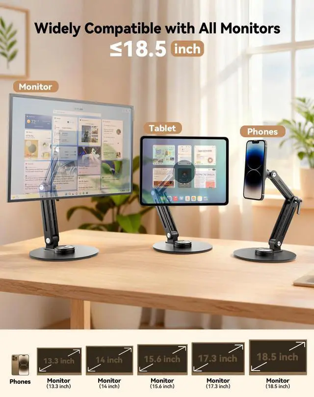 Alt view image 9 of 14 - Magnetic Portable Monitor Stand 15.6" - up to 16" 18.5" 22 inch Tablet Holder for iPad VESA Mount 75mm for Desk Adjustable Foldable 360° Swivel