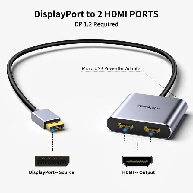 Alt view image 10 of 14 - Displayport to Dual HDMI Adapter, 4K 60Hz Display Port to hdmi Splitter for Dual Monitors Extended Display, DP 1.2 to 2 HDMI Monitor for Computer Laptop Graphic Card, MST Extend Mode for Windows Only