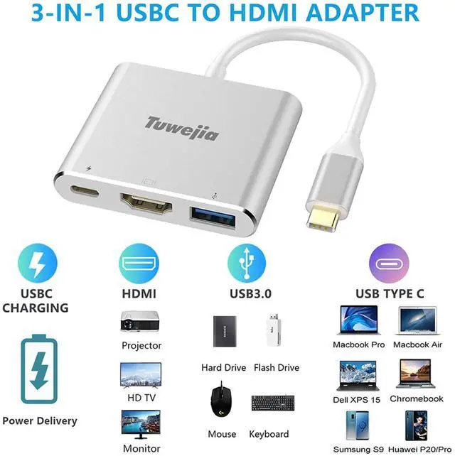 Alt view image 10 of 14 - USB C to HDMI Multiport Adapter USB 3.1 Gen 1 Thumderbolt 3 to HDMI 4K Video Converter /USB 3.0 hub Port PD Quick Charging Port with Large Projection