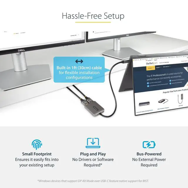 Alt view image 13 of 14 - USB-C to Dual HDMI Adapter, USB Type-C Multi-Monitor MST Hub, Dual 4K 60Hz HDMI Laptop Display Extender / Splitter, HDR, Extra-Long Built-In Cable, Windows Only (MST14CD122HD)