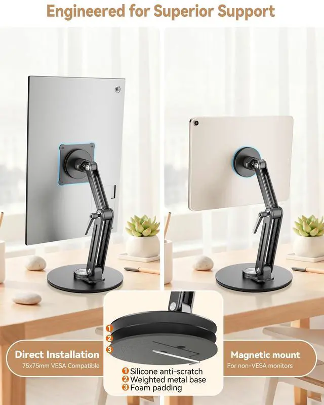 Alt view image 11 of 14 - Magnetic Portable Monitor Stand 15.6" - up to 16" 18.5" 22 inch Tablet Holder for iPad VESA Mount 75mm for Desk Adjustable Foldable 360° Swivel