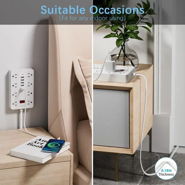 Alt view image 12 of 14 - Extension Cord Power Strip Surge Protector 15 Ft, Flat Plug with 8 Widely Spaced Outlets 6 USB (1 USB C Port), Wall Mount Charging Station for Home and Office