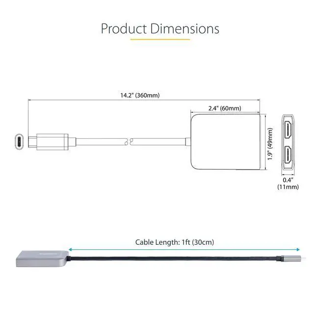 Alt view image 14 of 14 - USB-C to Dual HDMI Adapter, USB Type-C Multi-Monitor MST Hub, Dual 4K 60Hz HDMI Laptop Display Extender / Splitter, HDR, Extra-Long Built-In Cable, Windows Only (MST14CD122HD)