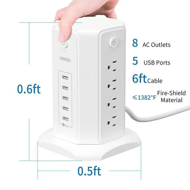 Alt view image 9 of 14 - Power Strip Tower Surge Protector, 8 Outlet 5 USB Desktop Charging Station 1625W 13A, 6ft Extension Cord Flat Plug, Individual Switches, 1080 Joules, Overload Protection for Home Office