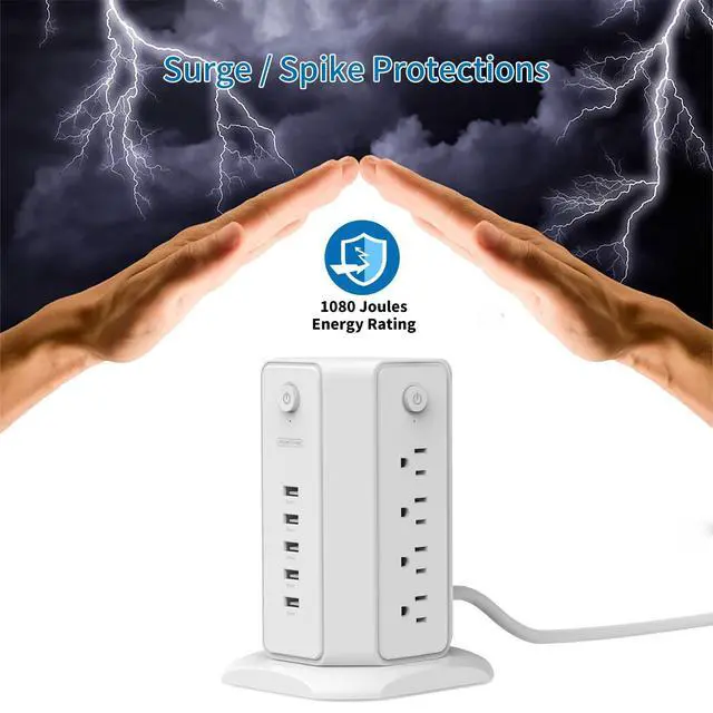 Alt view image 12 of 14 - Power Strip Tower Surge Protector, 8 Outlet 5 USB Desktop Charging Station 1625W 13A, 6ft Extension Cord Flat Plug, Individual Switches, 1080 Joules, Overload Protection for Home Office