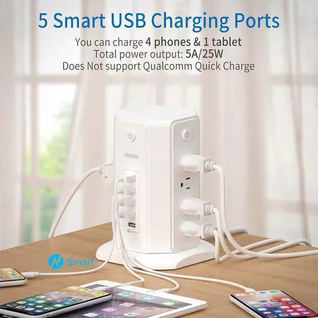 Alt view image 10 of 14 - Power Strip Tower Surge Protector, 8 Outlet 5 USB Desktop Charging Station 1625W 13A, 6ft Extension Cord Flat Plug, Individual Switches, 1080 Joules, Overload Protection for Home Office