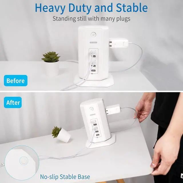 Alt view image 11 of 14 - Power Strip Tower Surge Protector, 8 Outlet 5 USB Desktop Charging Station 1625W 13A, 6ft Extension Cord Flat Plug, Individual Switches, 1080 Joules, Overload Protection for Home Office
