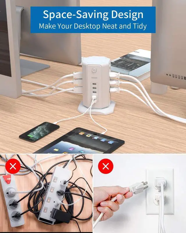 Alt view image 13 of 14 - Power Strip Tower Surge Protector, 8 Outlet 5 USB Desktop Charging Station 1625W 13A, 6ft Extension Cord Flat Plug, Individual Switches, 1080 Joules, Overload Protection for Home Office