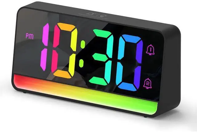 Alt view image 8 of 14 - Large RGB Digital Alarm Clock with Dynamic Color Changing Mood Lights, Dual Alarms, Snooze, Adjustable Volume & Brightness, USB Ports, DST, Plug in Clock for Bedrooms, Home Office Desk Decor