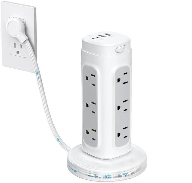 Alt view image 8 of 14 - Retractable Power Strip Tower - Surge Protector with USB C Ports PD 20W, 5ft Flat Plug Extension Cord with 12 Outlets, 4 USB, 1700J Protection, Home Office Desk Supplies, Dorm Room Essentials