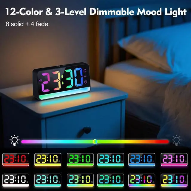 Alt view image 9 of 14 - Large RGB Digital Alarm Clock with Dynamic Color Changing Mood Lights, Dual Alarms, Snooze, Adjustable Volume & Brightness, USB Ports, DST, Plug in Clock for Bedrooms, Home Office Desk Decor