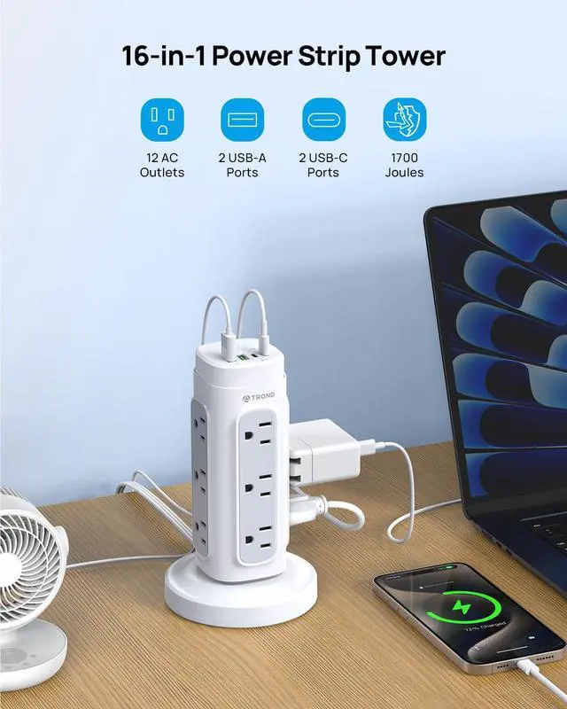 Alt view image 9 of 14 - Retractable Power Strip Tower - Surge Protector with USB C Ports PD 20W, 5ft Flat Plug Extension Cord with 12 Outlets, 4 USB, 1700J Protection, Home Office Desk Supplies, Dorm Room Essentials