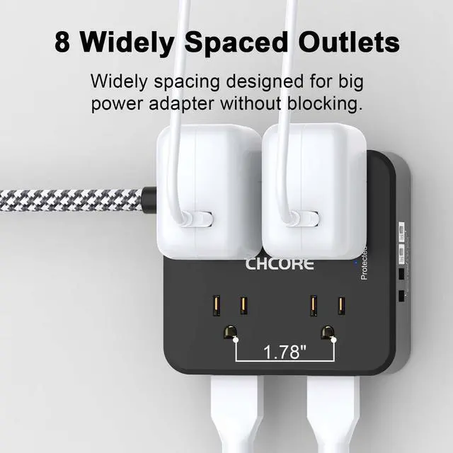 Alt view image 10 of 14 - Surge Protector Power Strip - CHCORE 6Ft Braided Extension Cord with 8 Outlets with 4 USB (2 USB C) Charging Ports, Flat Plug Multi Plug Outlet Extender Charging Station for Home Office, ETL, Black