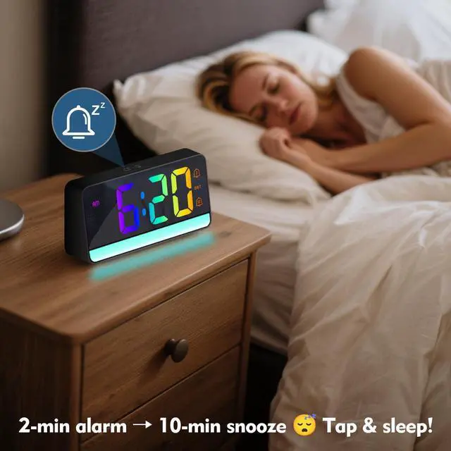 Alt view image 11 of 14 - Large RGB Digital Alarm Clock with Dynamic Color Changing Mood Lights, Dual Alarms, Snooze, Adjustable Volume & Brightness, USB Ports, DST, Plug in Clock for Bedrooms, Home Office Desk Decor