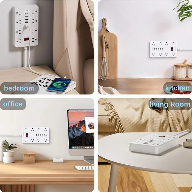 Alt view image 14 of 14 - Extension Cord Power Strip Surge Protector 15 Ft, Flat Plug with 8 Widely Spaced Outlets 6 USB (1 USB C Port), Wall Mount Charging Station for Home and Office