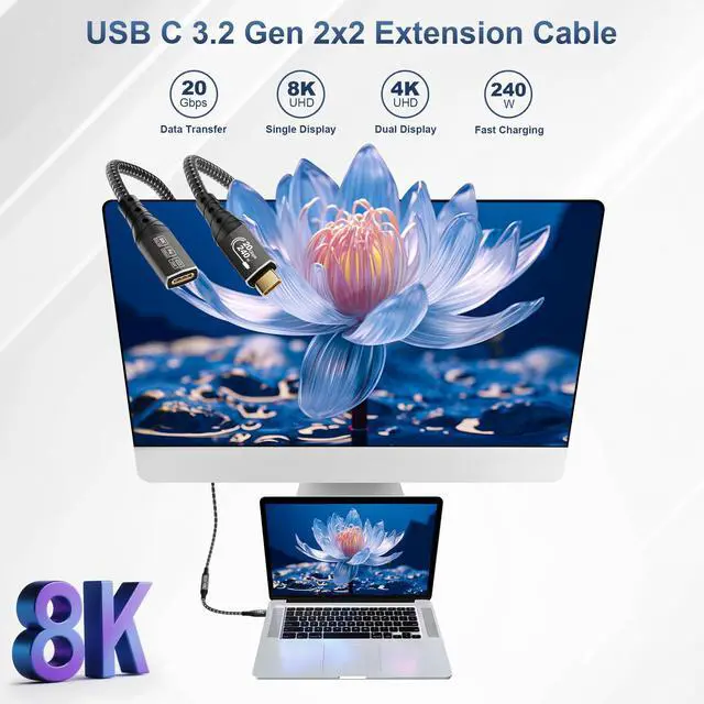 Alt view image 9 of 14 - USB C Extension Cord 16FT, (USB 3.2 20Gbps Type C Extender, PD 3.1 240W 48V/5A), Video 8K@30Hz, 4K@144Hz/ 60Hz USBC Extension Cable for PSVR2, iPhone 16/15, iPad, MacBook, Dell XPS, Switch