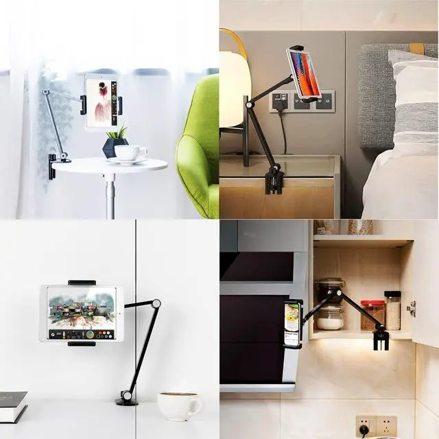 Alt view image 8 of 12 - iPad Desk Mount, Adjustable Tablet Holder Clamp, 360 degree Rotation, Sturdy Aluminum Tablet Arm Mount for 4.7"-13" iPad Pro/Air/Mini, iPhone, Galaxy Tab, for Kitchen, Work, Video Call(Black)