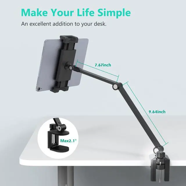 Alt view image 11 of 12 - iPad Desk Mount, Adjustable Tablet Holder Clamp, 360 degree Rotation, Sturdy Aluminum Tablet Arm Mount for 4.7"-13" iPad Pro/Air/Mini, iPhone, Galaxy Tab, for Kitchen, Work, Video Call(Black)
