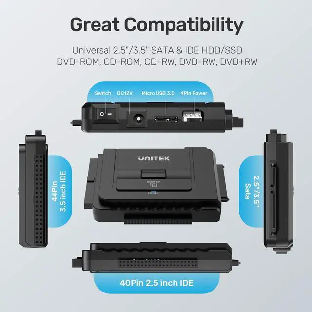 Alt view image 12 of 14 - USB C to IDE and SATA Converter External Hard Drive Adapter Kit for Universal 2.5/3.5 HDD/SSD Hard Drive Disk, One Touch Backup Function, Included 12V/2A Power Adapter