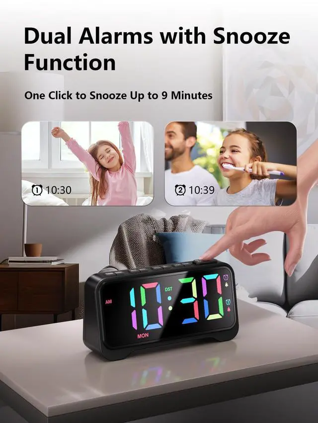 Alt view image 12 of 14 - Super Loud Alarm Clock for Bedrooms,Weekend/Weekday Mode, Dimmer, Snooze, 12/24H, DST, Battery Backup for Heavy Sleepers, Adults (Black)