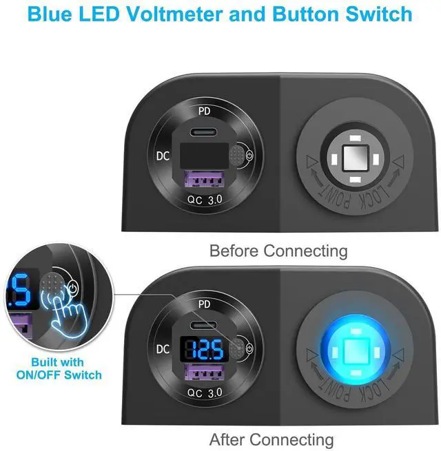 Alt view image 11 of 14 - Tent Type Panel 12V USB Outlet Lighted Cigarette Lighter Socket, PD3.0 & QC3.0 Car USB Port Aluminum Charger with LED Voltmeter & Switch, Waterproof Power Panel Adapter DIY Kit for Car Boat Marine RV